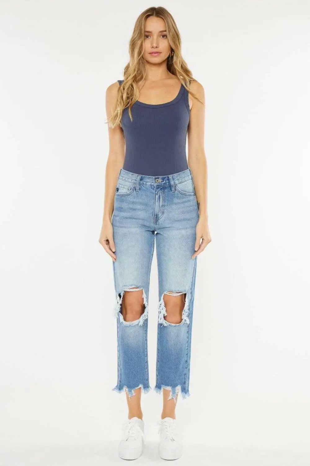 Vintage Blue High Rise Straight Leg Jeans with Chewed Up Detailing - Love Salve